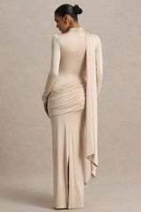 Romi | Champagne High-Neck Maxi Dress With Ruched Detailing