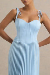 Peyton | Powder Blue Satin Sweetheart-Neck Midi Dress With Pleated Details
