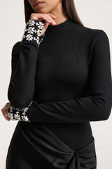 Starred | Black High-Neck Maxi Dress With Satin Wrap-Skirt And Embellished Cuffs