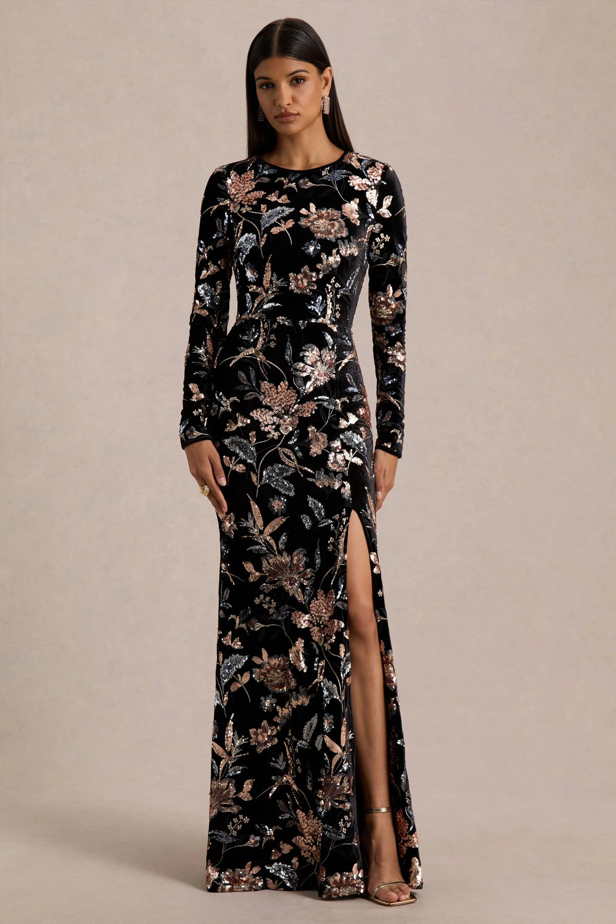Lyric | Black Floral Velvet And Sequin High-Neck Maxi Dress