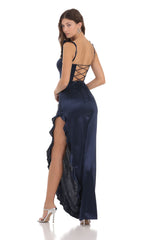Satin Ruffle Maxi Dress in Navy