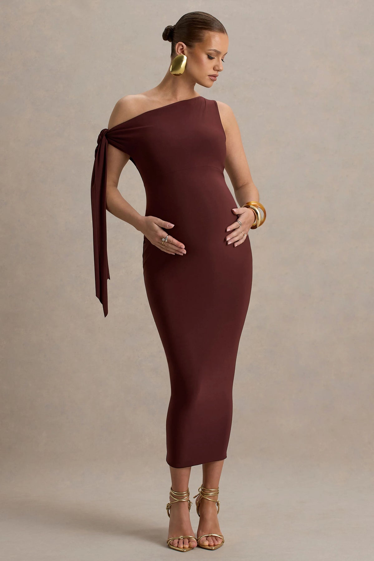 Katarine | Brown Asymmetric Knot Maternity Midi Dress