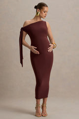 Katarine | Brown Asymmetric Knot Maternity Midi Dress
