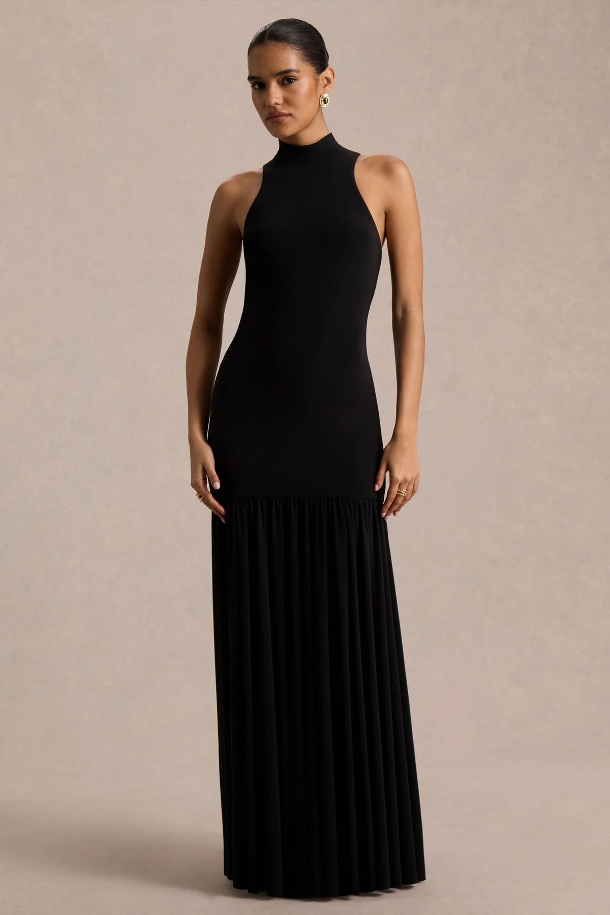 Tasmin | Black High-Neck Maxi Dress With Drop-Waist