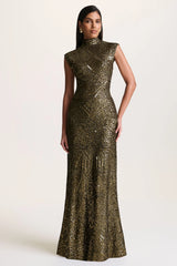Cecy | Khaki Sequin High-Neck Maxi Dress With Cap Sleeves