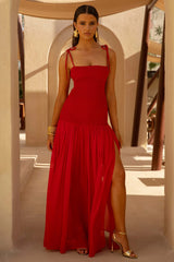 Maeva | Red Square-Neck Fishtail Maxi Dress With Ruched Detailing