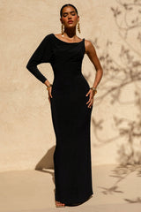 Floria | Black Draped One-Sleeve Maxi Dress