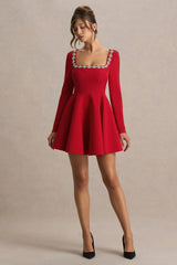 Astonish | Red Long-Sleeve Embellished Mini Dress With Volume Skirt