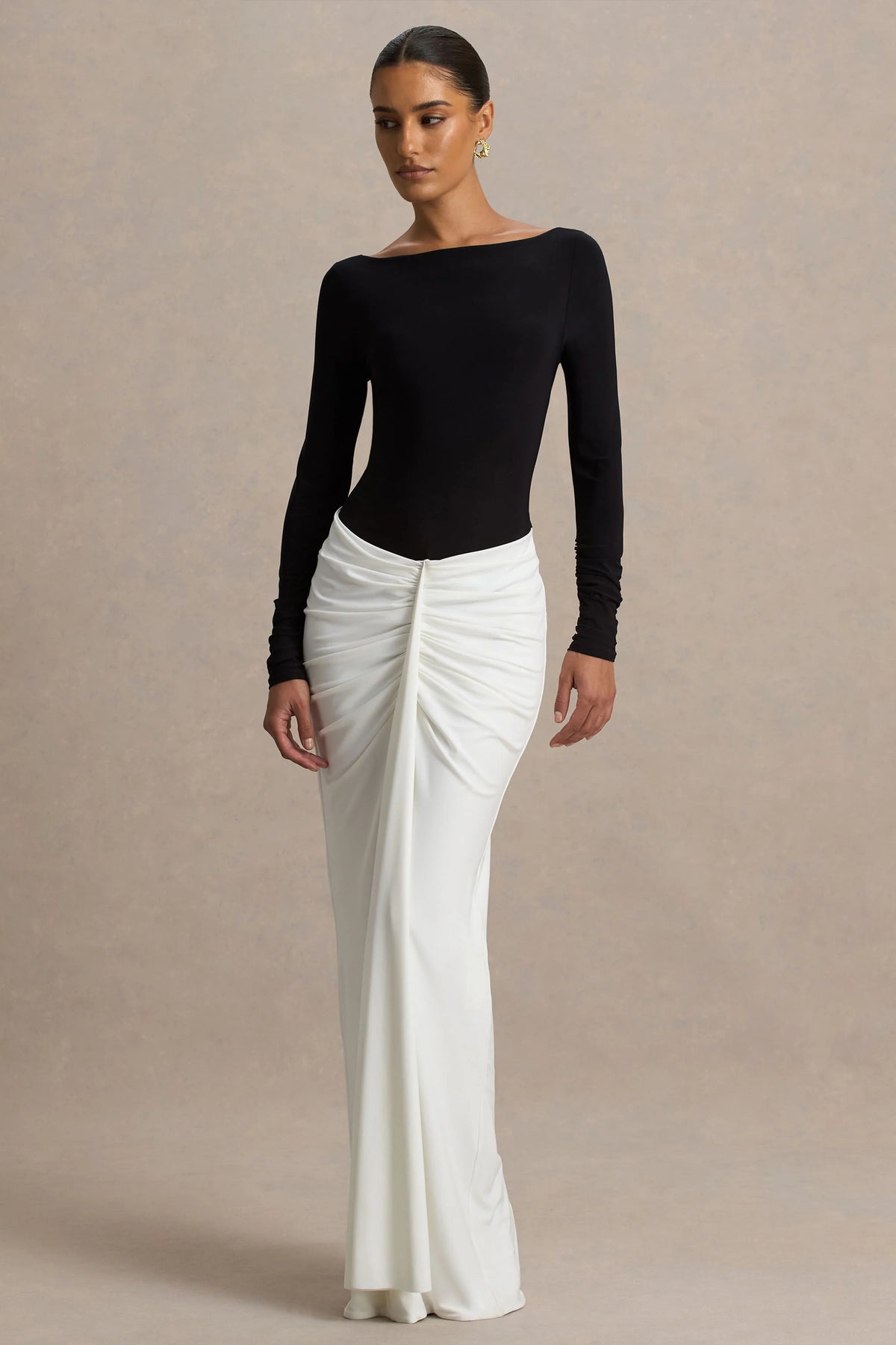 Matilda | Black And White Boat-Neck Maxi Dress With Ruched Detailing