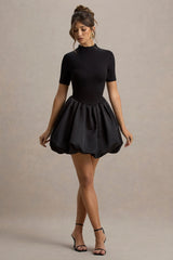 Blake | Black Short-Sleeve Mini Dress With Satin Puffball Skirt