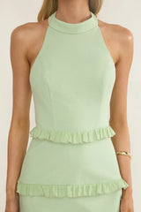 Haze Frill Trim Halterneck Maxi Dress Sage
