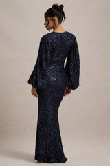 Kaelin | Navy Sequin Plunge-Neck Maxi Dress
