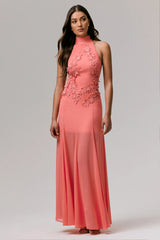 Just Like Magic | Coral High-Neck Maxi Dress With Lace Detailing