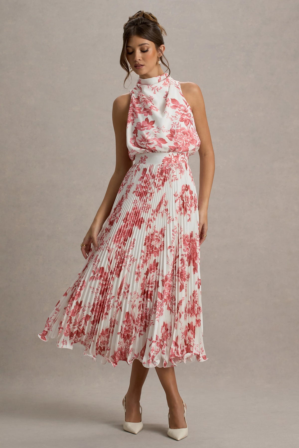 Nila | Pink Porcelain Print Cowl-Neck Midi Dress With Plisse Skirt