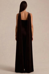 Layli | Brown Velvet Halter-Neck Maxi Dress With Cape