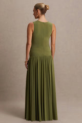 Outline | Olive High-Neck Maternity Maxi Dress With Draped Skirt