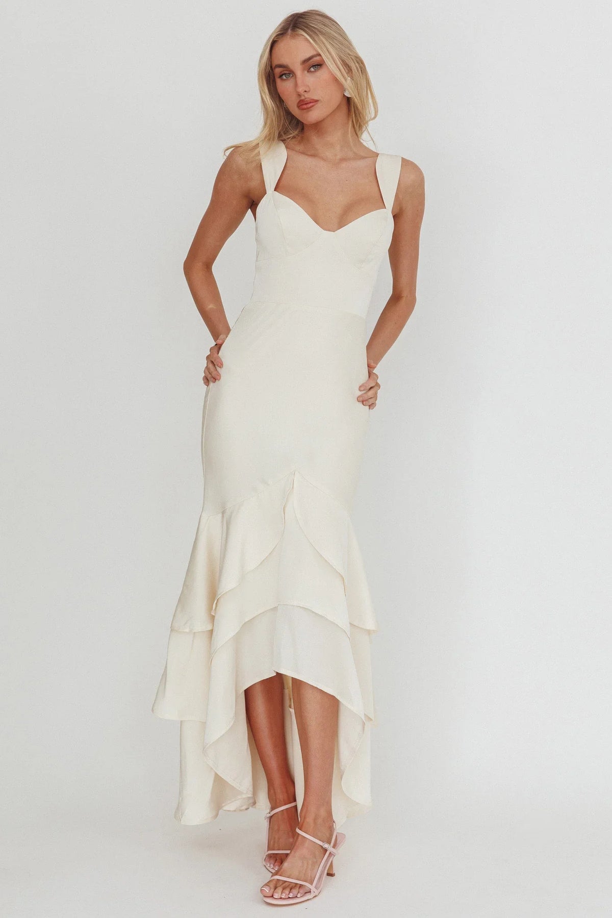 Baylin Layered Mermaid Hem Maxi Dress Cream