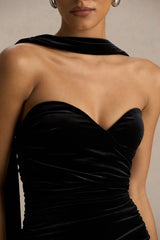 Paloma | Black Velvet Bandeau-Neck Maxi Dress With Scarf