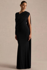 Rubelle | Black Asymmetric-Neck Maxi Dress With Draped-Detailing