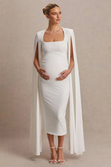 Flawless | White Square-Neck Maternity Midi Dress With Cape-Sleeves