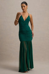 Pasqualina | Bottle Green Ruched Plunge-Neck Maxi Dress