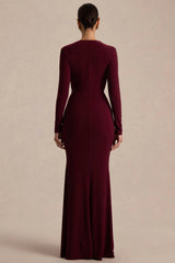 Command | Burgundy Plunge-Neck Maxi Dress With Front-High Split