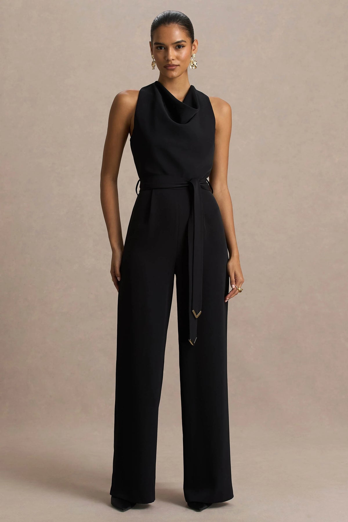 Corina | Black Cowl-Neck Jumpsuit With Tie-Detail