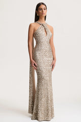 Renelle | Gold Sequin Halter-Neck Maxi Dress