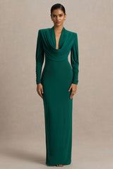 Kaylee | Bottle Green Cowl-Neck Maxi Dress With Draping Details