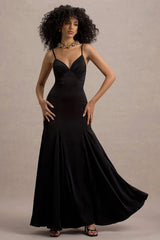 Ashly | Black Satin Maxi Dress With Volume Hem