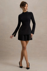 Athena | Black Long-Sleeve Mini Dress With Pleated Hem