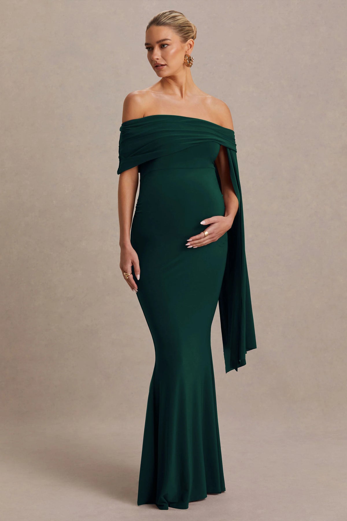Aquila | Bottle Green Bardot Maternity Maxi Dress With Drape Sleeve