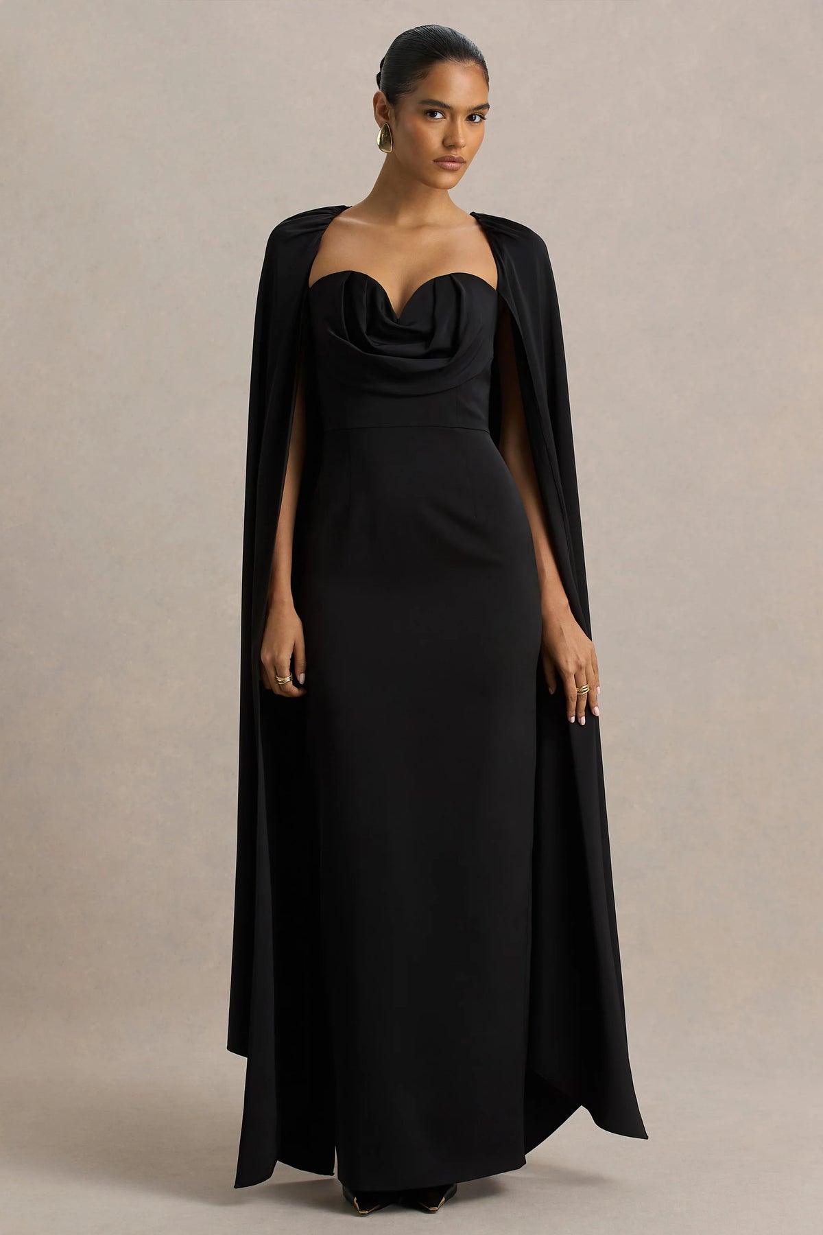 Wren | Black Satin Plunge-Neck Maxi Dress With Cape Sleeves