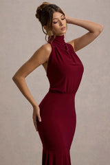 Prianyka | Berry High-Neck Draped Midi Dress