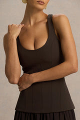 Kelly | Brown Scoop-Neck Maxi Dress With Mesh And Pleated Detailing