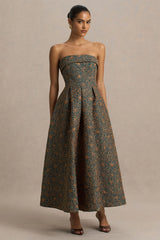 Loretta | Dark Green And Rust Embroidered Bandeau-Neck Midi Dress