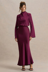 Celina | Burgundy Satin High-Neck Maxi Dress