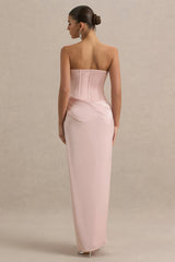 Joseline | Pale Pink Satin Corset Wrap Maxi Dress With Scarf