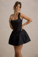 Bramble | Black Satin Square-Neck Puffball Mini Dress