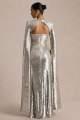Devora | Silver Sequin Crew-Neck Maxi Dress With Cape Sleeves