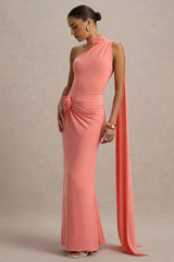 Rita | Coral Asymmetric Wrap Maxi Dress With Scarf
