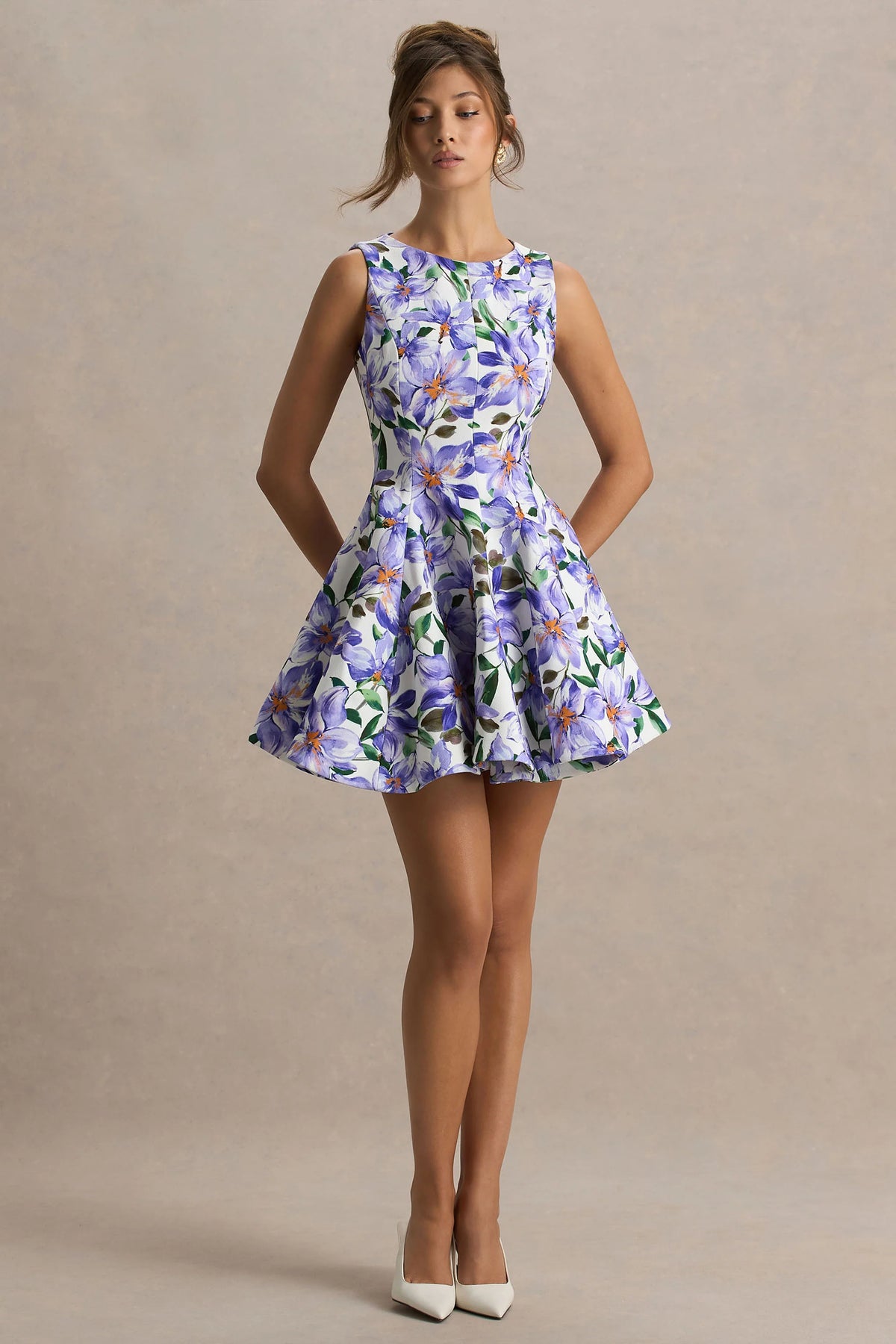 Gabrielle | Purple Lily Print High-Neck Mini Dress With Ruffling Detail