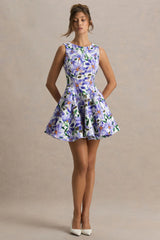 Gabrielle | Purple Lily Print High-Neck Mini Dress With Ruffling Detail