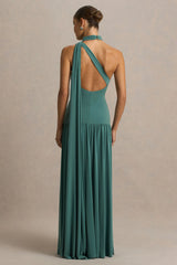 Freesia | Teal Asymmetric-Neck Maxi Dress With Scarf-Detail