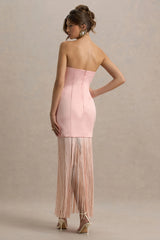 Trinity | Blush Pink Satin Bandeau Maxi Dress With Fringe