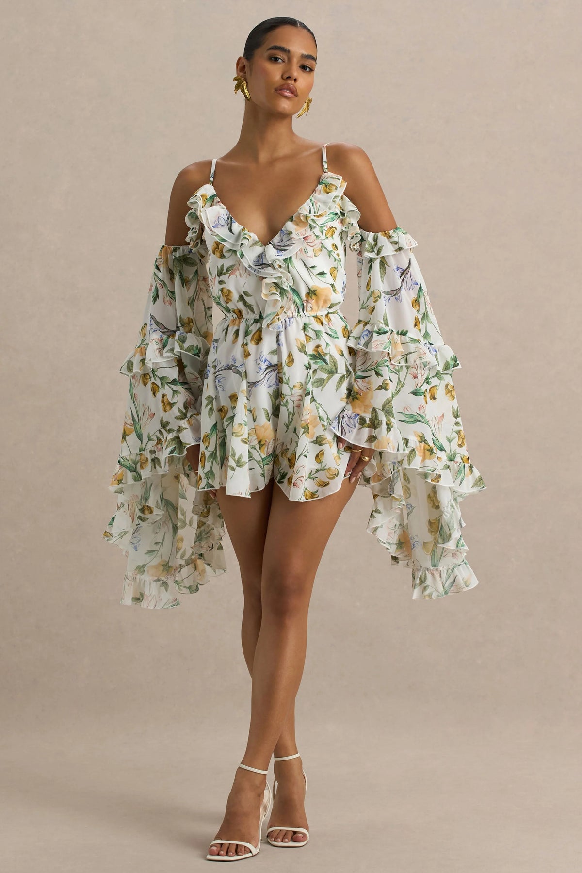 Anaya | White Botanical Print Chiffon Playsuit With Long Sleeves