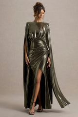 Theia | Gold Metallic Cape-Sleeve Split Maxi Dress