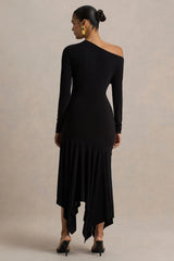 Isola | Black Asymmetric-Neck Midi Dress With Drop-Waist