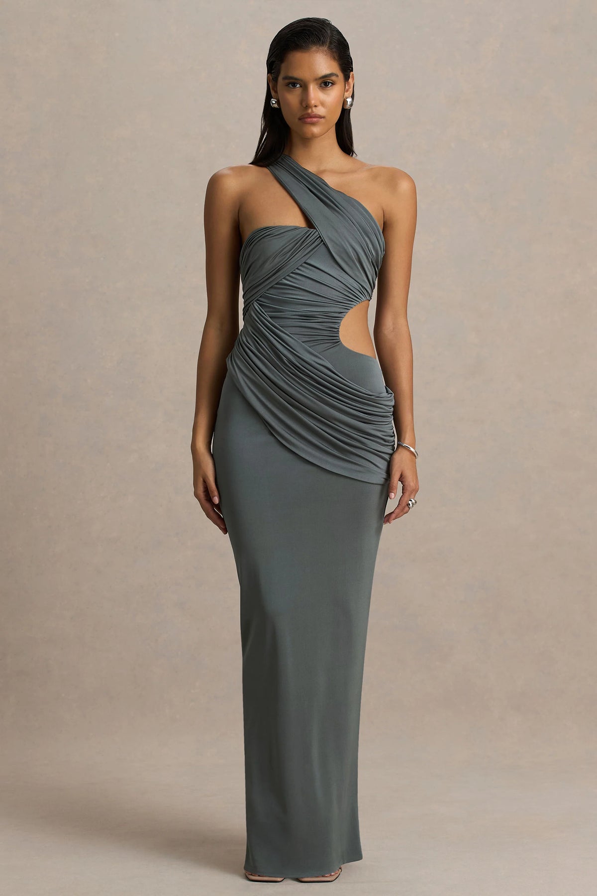Serefine | Grey Asymmetric-Neck Maxi Dress With Body Cut-Out