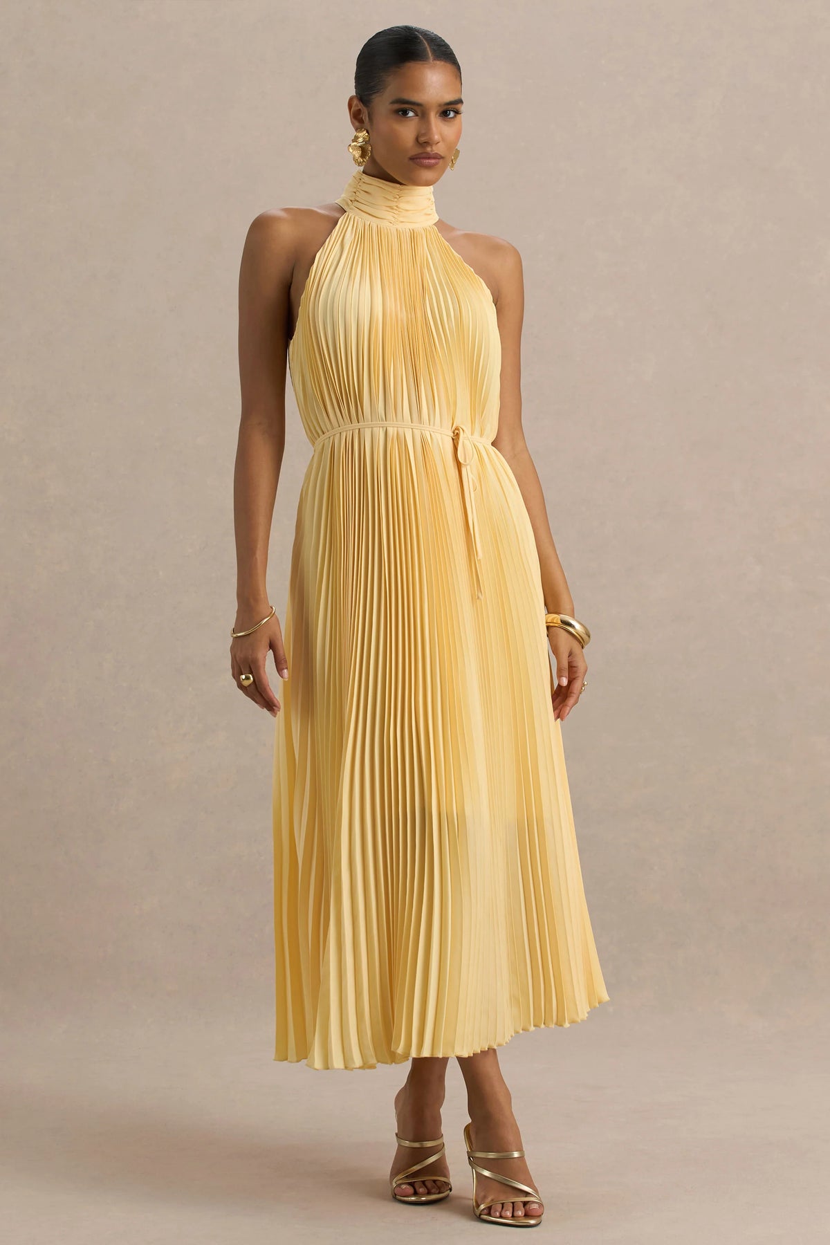 Tulip | Lemon Pleated High-Neck Midi Dress